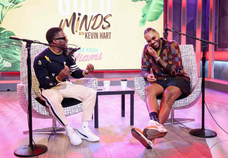 MIAMI BEACH, FLORIDA - SEPTEMBER 13: Kevin Hart and Carmelo Anthony are seen during the live taping of SiriusXM's "Gold Minds With Kevin Hart" at the SirusXM Miami studio on September 13, 2023 in Miami Beach, Florida. (Photo by Alexander Tamargo/Getty Images for SiriusXM)