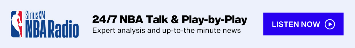 SiriusXM NBA Radio logo - 24/7 NBA Talk & Play-by-Play; Expert analysis and up-to-the-minute news - Listen Now button