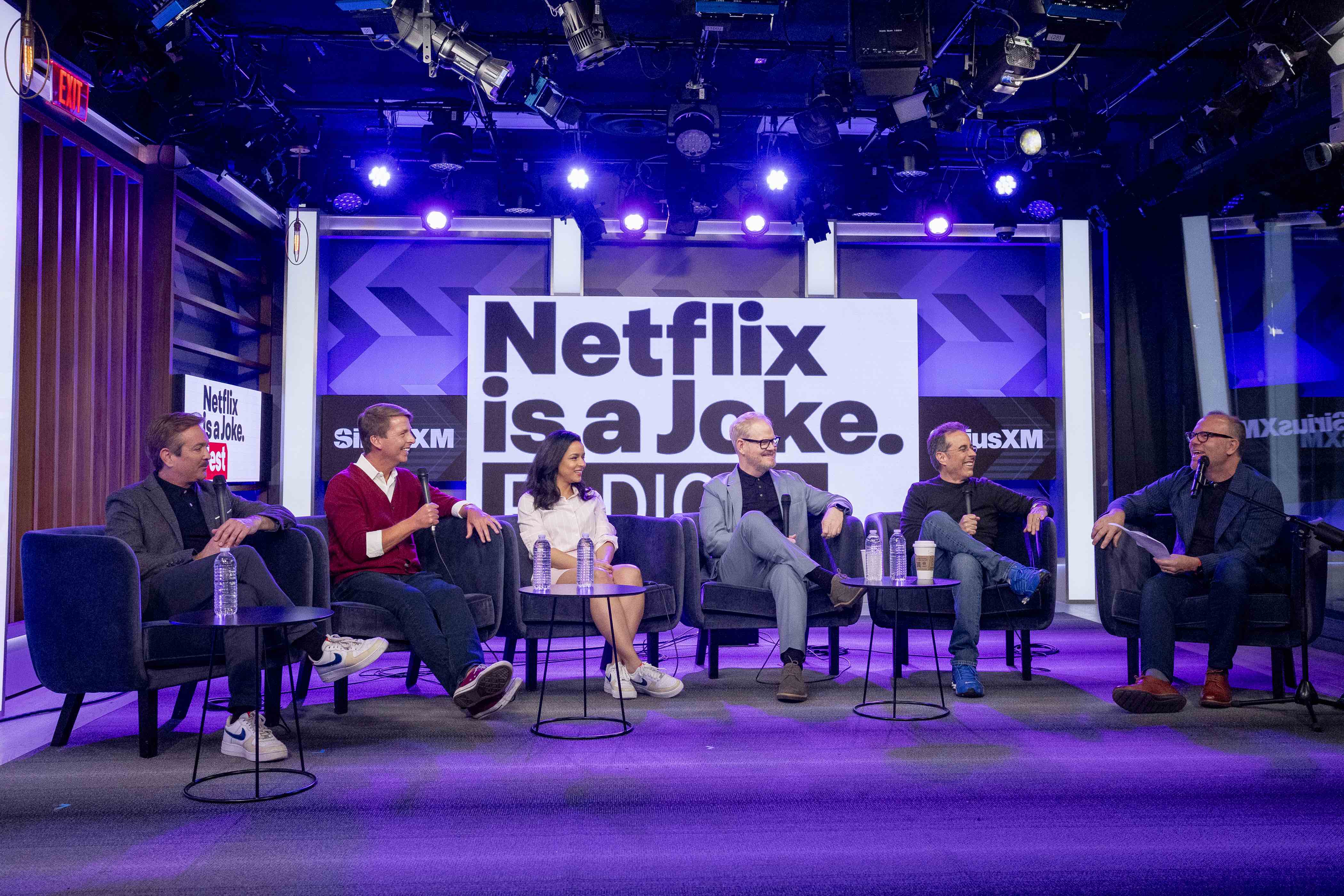 LOS ANGELES, CALIFORNIA - APRIL 30: (L-R) Tom Lennon, Jack McBrayer, Sarah Cooper, Jim Gaffigan, Jerry Seinfeld and Tom Papa attend SiriusXM's 'Unfrosted' Town Hall at SiriusXM Studios on April 30, 2024 in Los Angeles, California. (Photo by Emma McIntyre/Getty Images for SiriusXM)