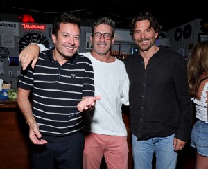 From left to right: Jimmy Fallon, Jon Hamm, and Bradley Cooper at Stephen Talkhouse in the Hamptons.